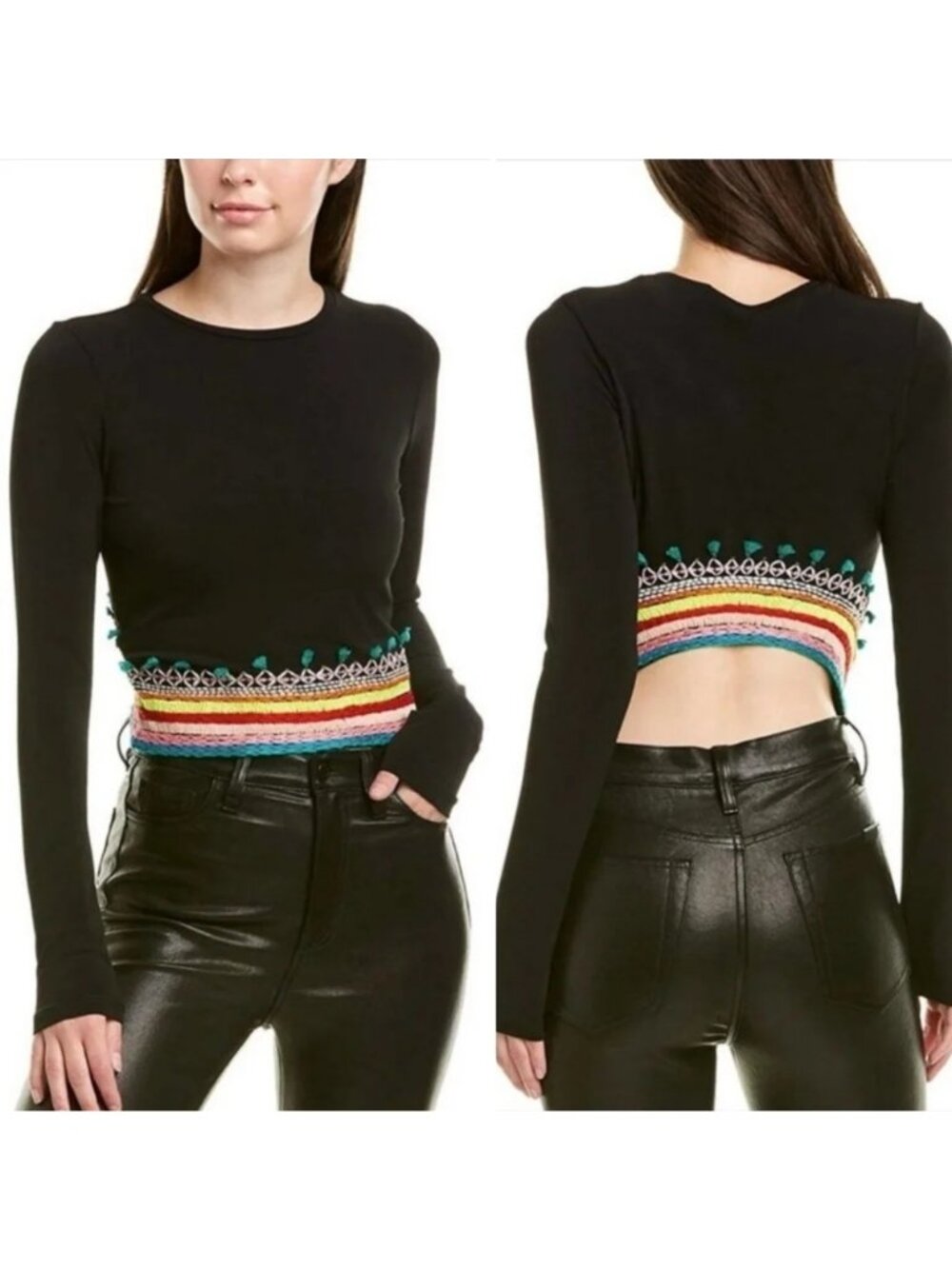 Alice + Olivia Delaina Embroidered Back Crop Long Sleeve Top Womens Medium